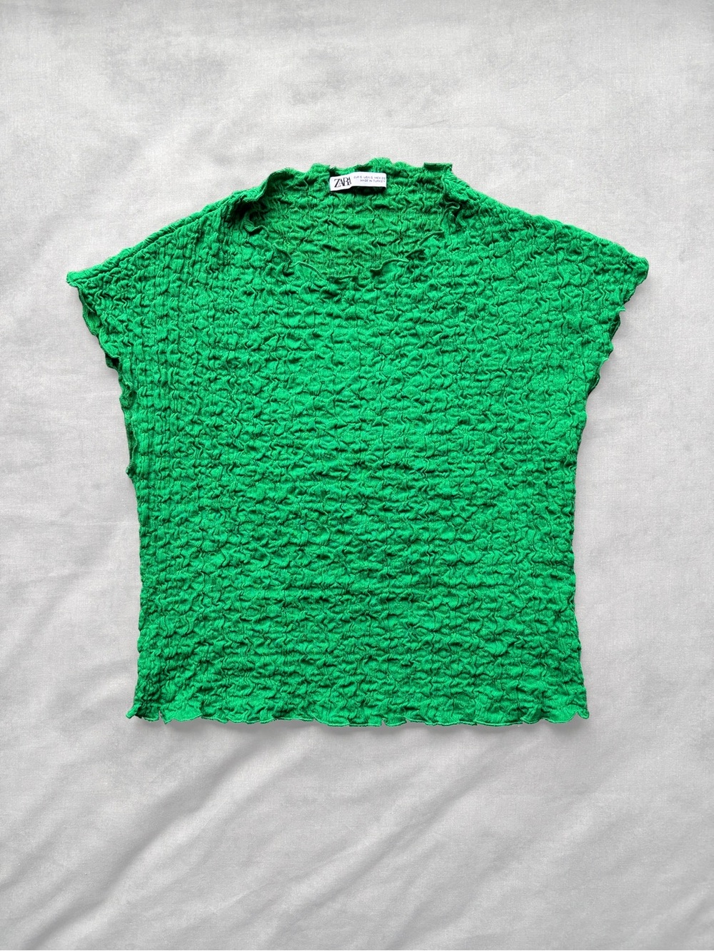 Zara Bright Green Crinkle Short Sleeve Top